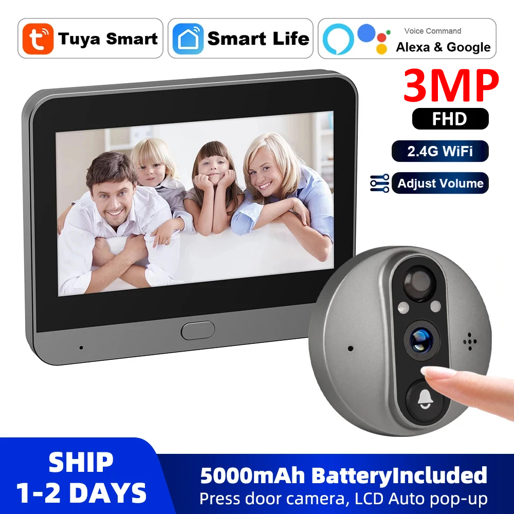 Home Security Doorbell Camera - 3MP WiFi Smart Tuya Peephole 5000mAh